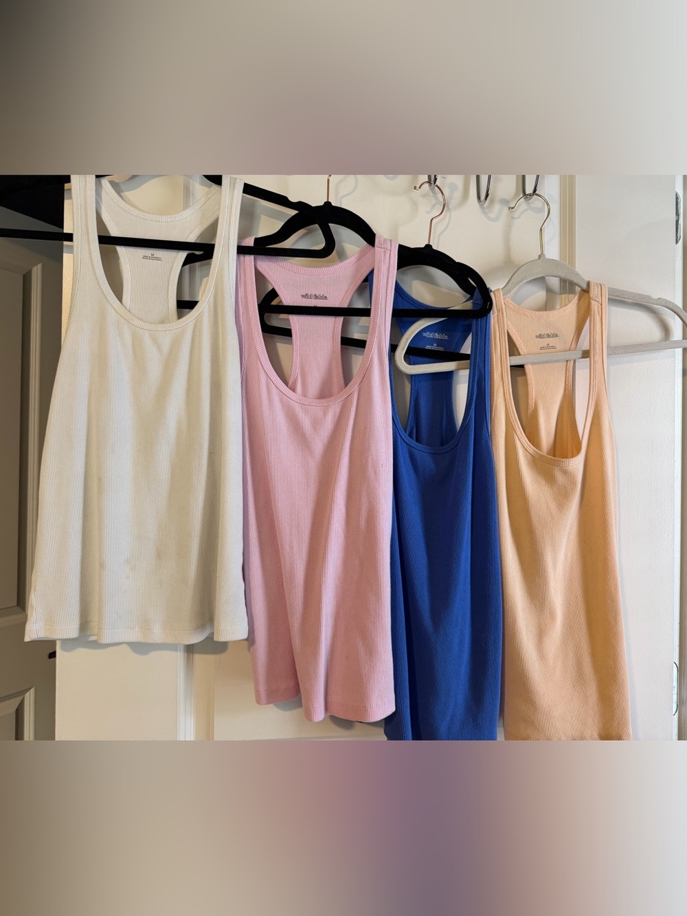 Ribbed Racerback Tank Tops in White, Pink, Blue & Peach.  4 x $30